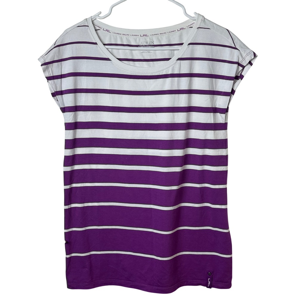 Lauren Ralph Lauren Active T-Shirt‎ Women S Purple White Striped Cap Sleeve Tee